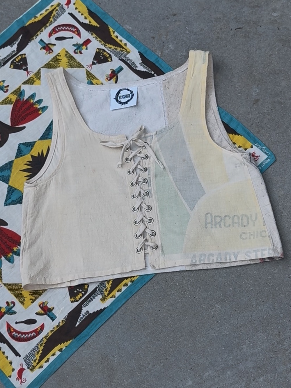 Handmade feedsack Vintage fabricCream Lace-Up Crop Top